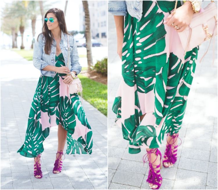 elegantes sommer outfit für hochzeit gast maxikleid mit monstera print und fuchsia Sandaletten