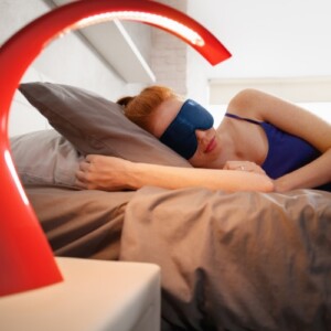 junge frau schläft im bett mit schlafbrille neben moderner lampe