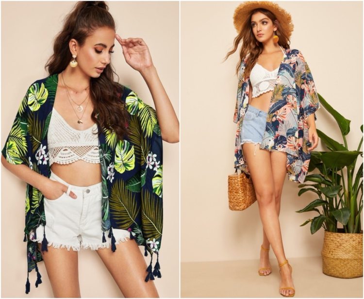 casual summer outfit for women with shorts and kimono in a tropical look