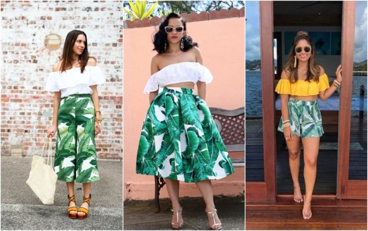 casual summer outfit with bandeau top with ruffles and a bottom with a tropical pattern