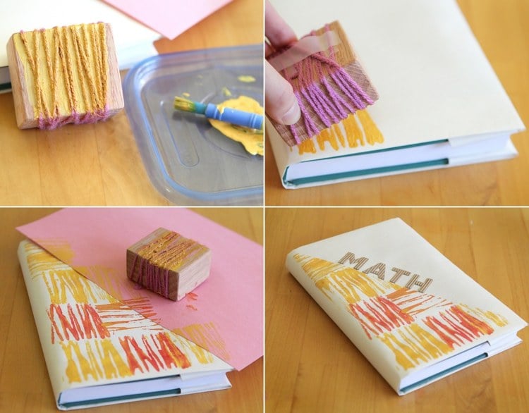 Design the book cover with a self-made stamp with thread