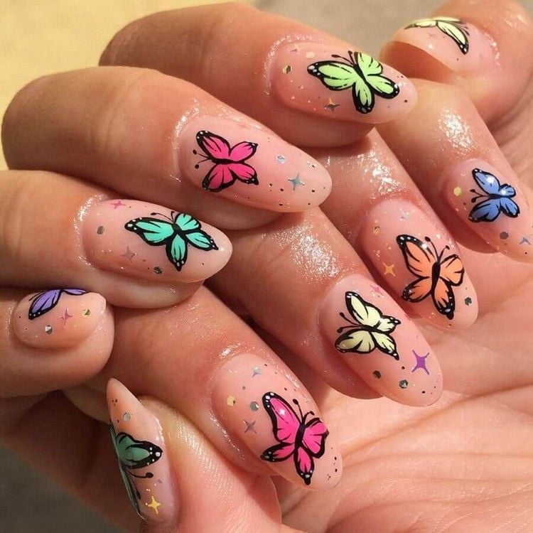 Butterfly nails nail design rainbow nails trend summer acrylic nails