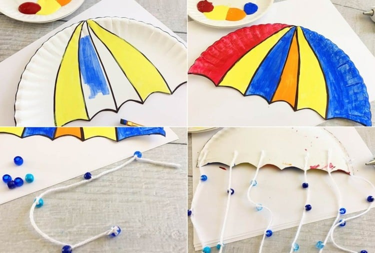 Den Regenschirm basteln, Sektionen zeichnen, ausmalen und mit Schnur mit Perlen schmücken