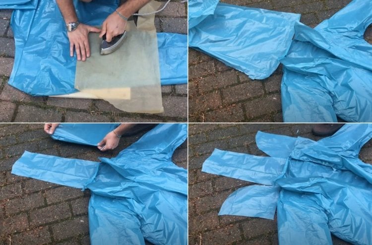 Eine Kapuze für den Plastik Regenmantel ausschneiden und ankleben