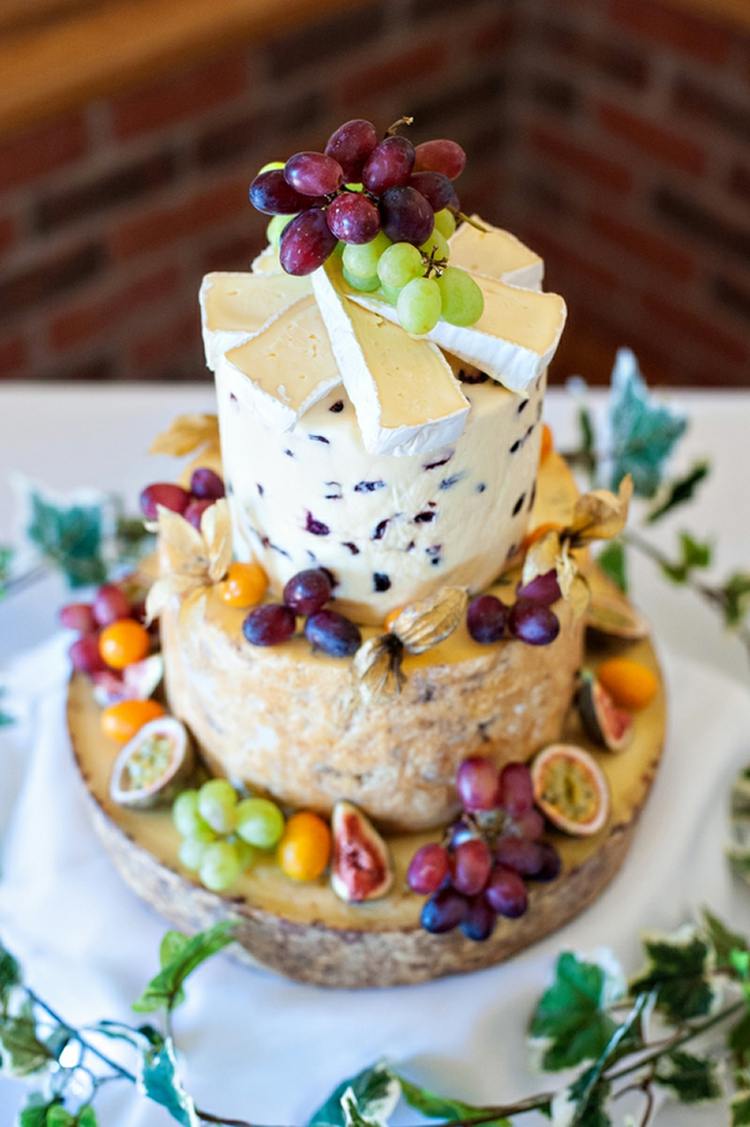 Fruity cheese wedding cake - soft cheese and hard cheese with figs, grapes and physalis
