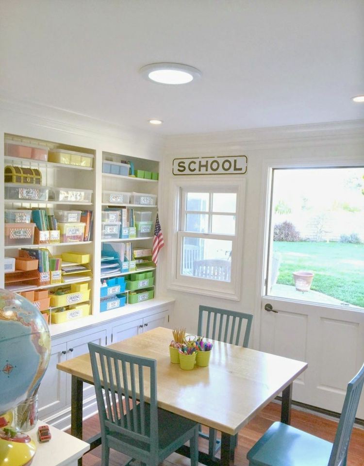 Gartenhaus oder Garage in ein Lernzimmer umfunktionieren mit eingebauten Regalen und Schränken