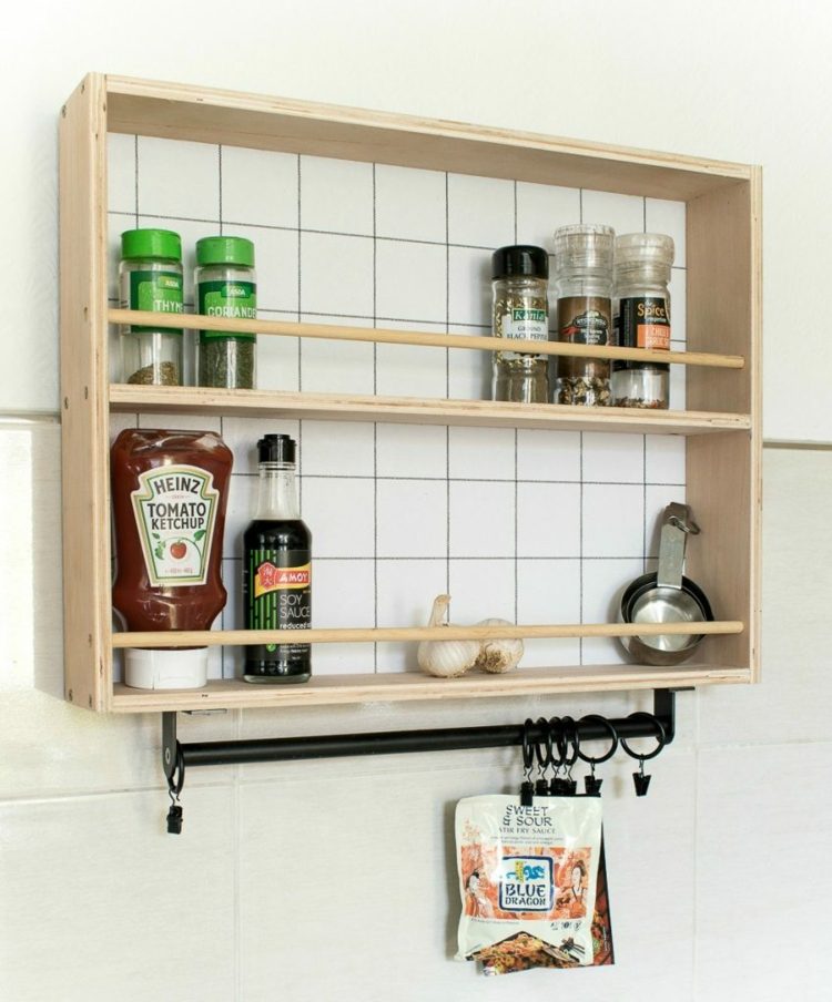 Gewürzregal DIY mit Tapete und Küchenreling von Ikea