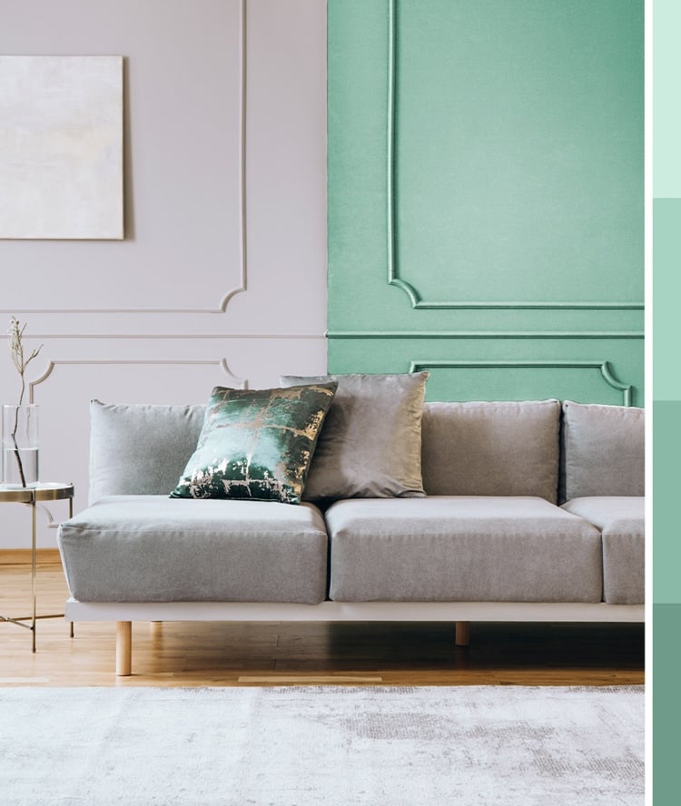 Grau passt perfekt zu Mint fürs moderne Wohnzimmer