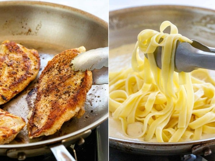 Hähnchenbrustfilet braten und zu Pasta wie Bandnudeln oder Spaghetti servieren