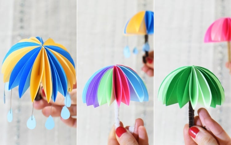 Hübschen 3D Regenschirm basteln aus Papierkreisen und Pfeifenreinigern