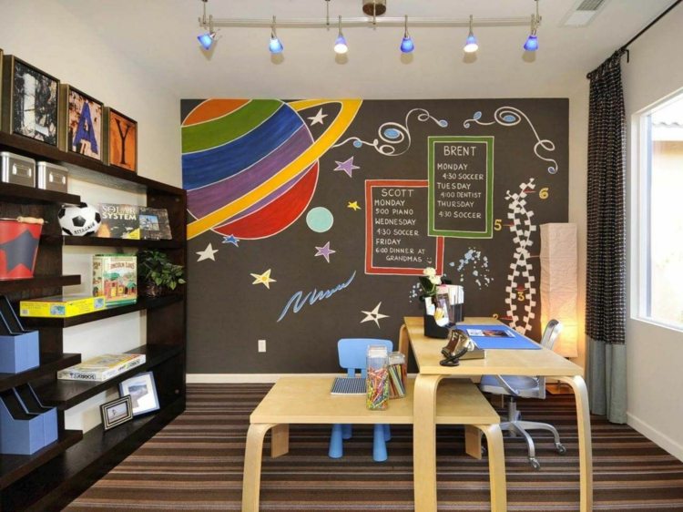 Set up child-friendly classroom at home - desk for child and adult and mural