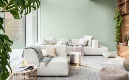Mint Farbe für Wand mit Grau und Holz im modernen Wohnzimmer kombiniert