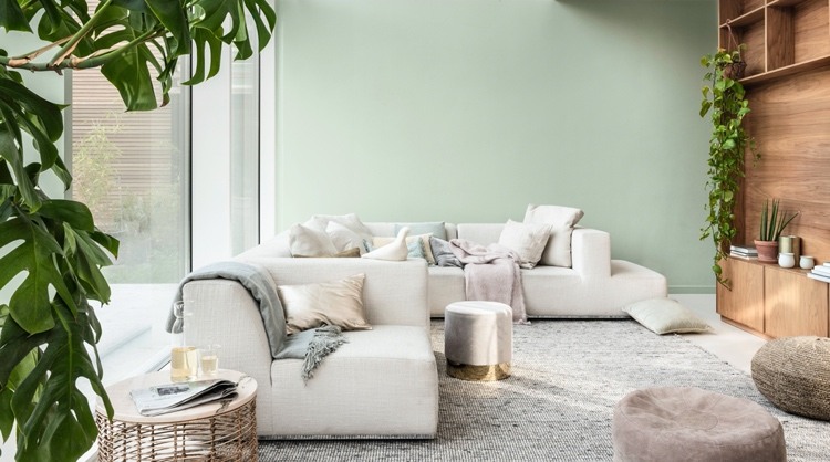Mint color for wall combined with gray and wood in the modern living room