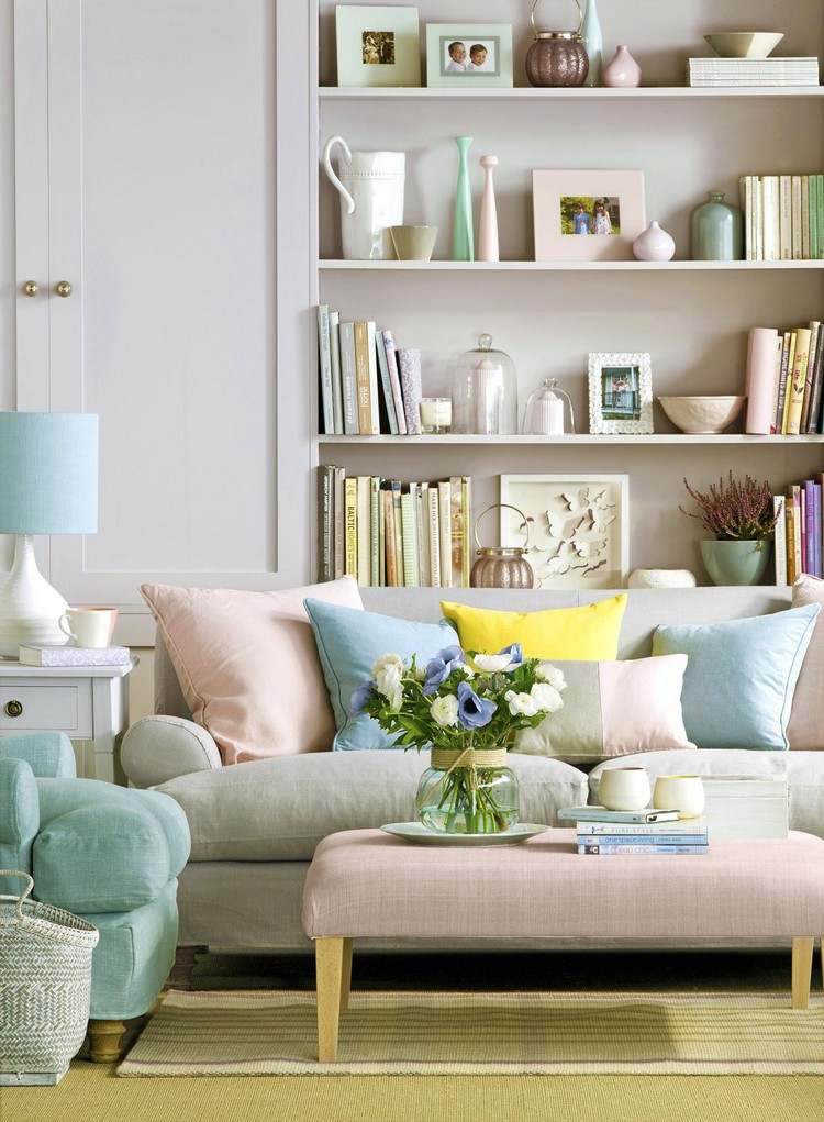Open shelf decorating a small living room. Tips for Scandinavian living style