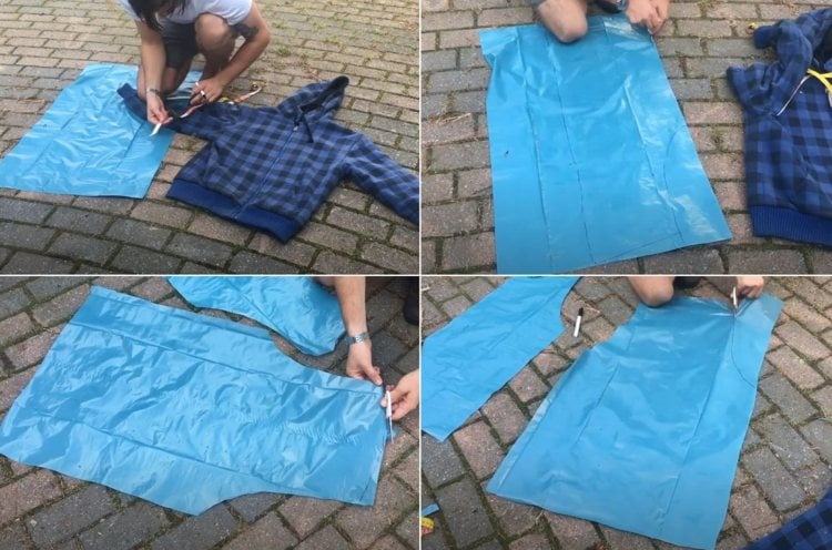 Plastic raincoat from trash bag - cut out the elements