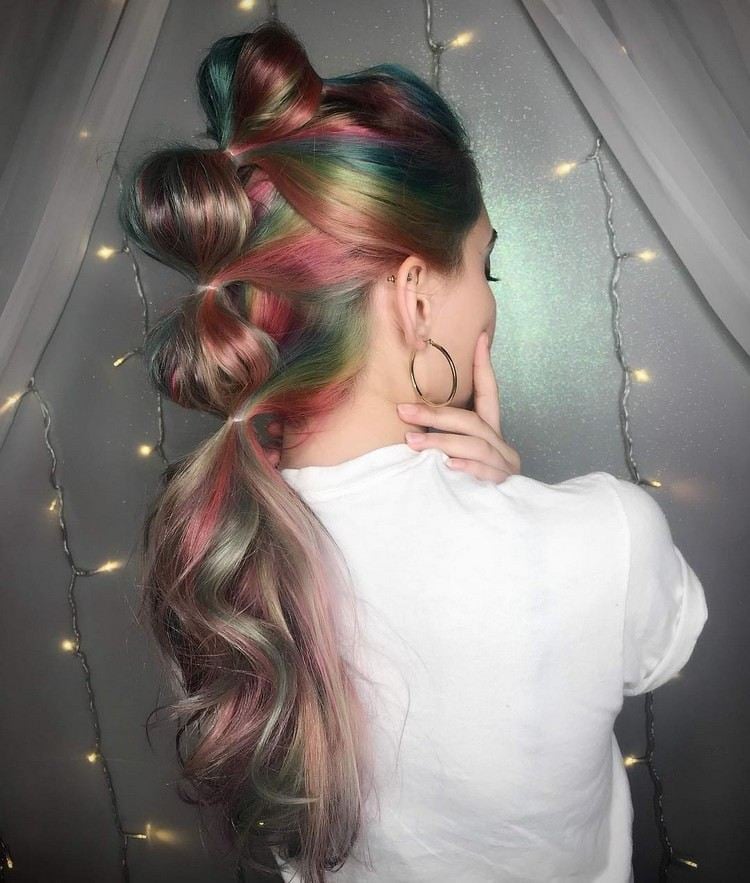 Rainbow hair with strands of bubble braids hairstyle ideas