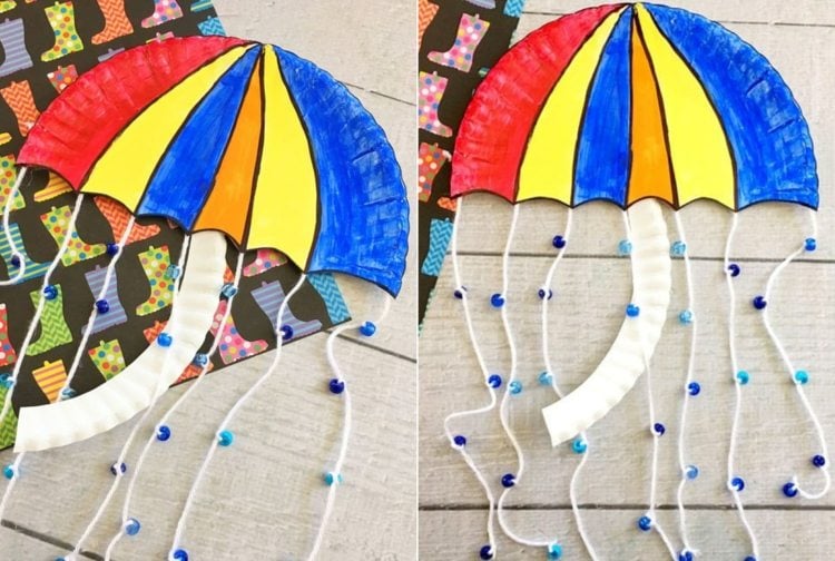 Regenschirm basteln aus Papptellern und Perlen