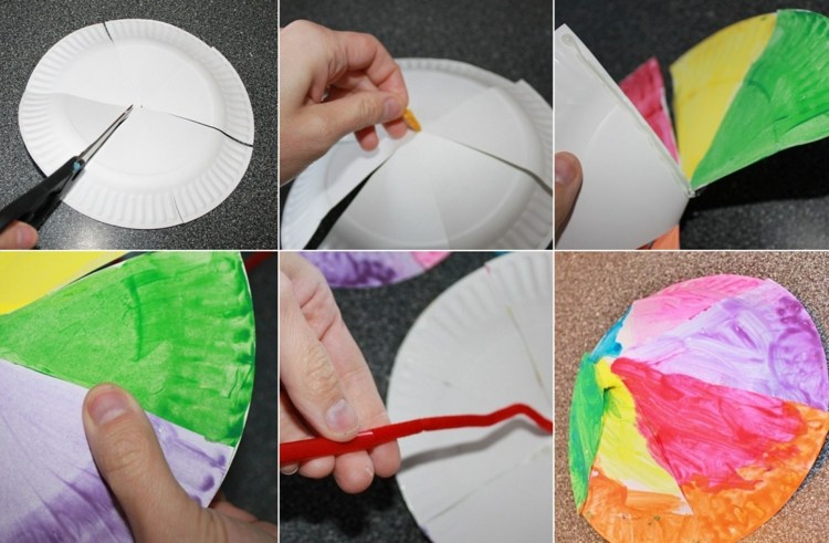 Schirm aus Pappteller in Regenbogenfarben - Bastelanleitung für Kinder
