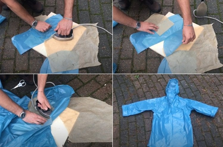 Homemade coat as rain protection with a plastic bag