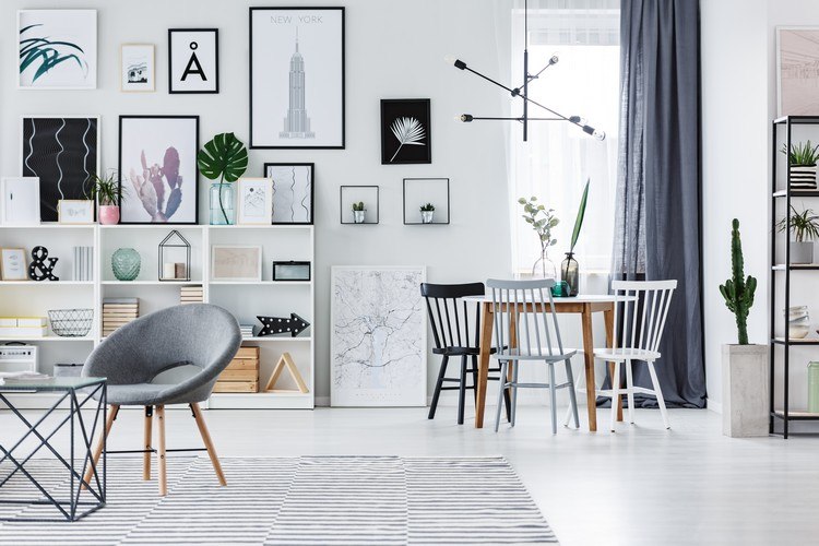 Skandinavischer Wohnstil Wohnzimmer modern einrichten Regal dekorieren Ideen