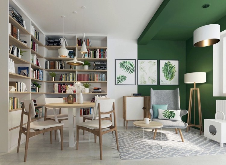 Living room color green and light furniture