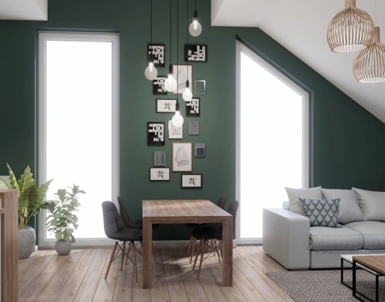 Living room with a sloping ceiling - paint the transverse wall in dark green