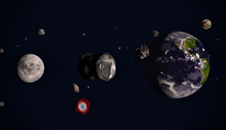 arrangement of planets and star objects like asteroids next to earth and moon