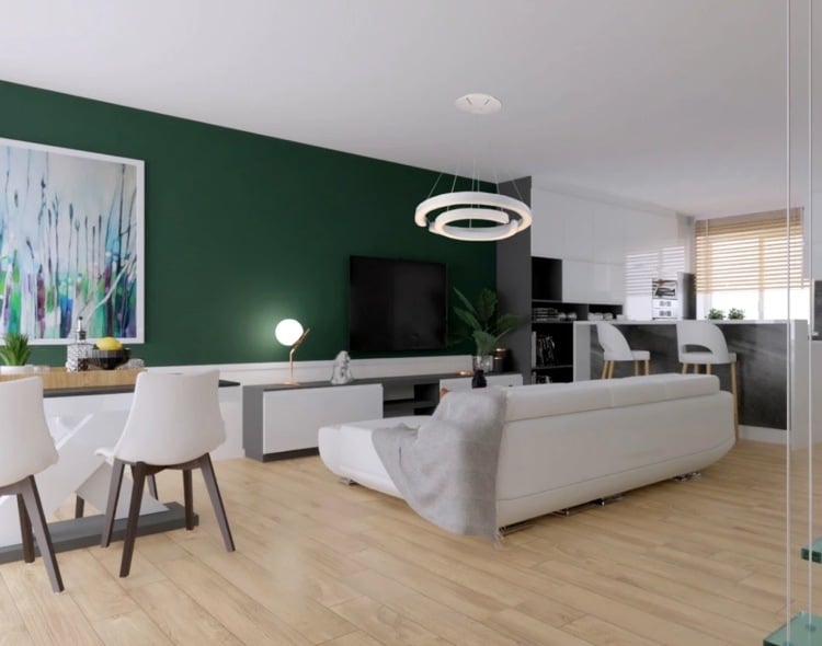 dark green wall of living room harmonizes with white furniture