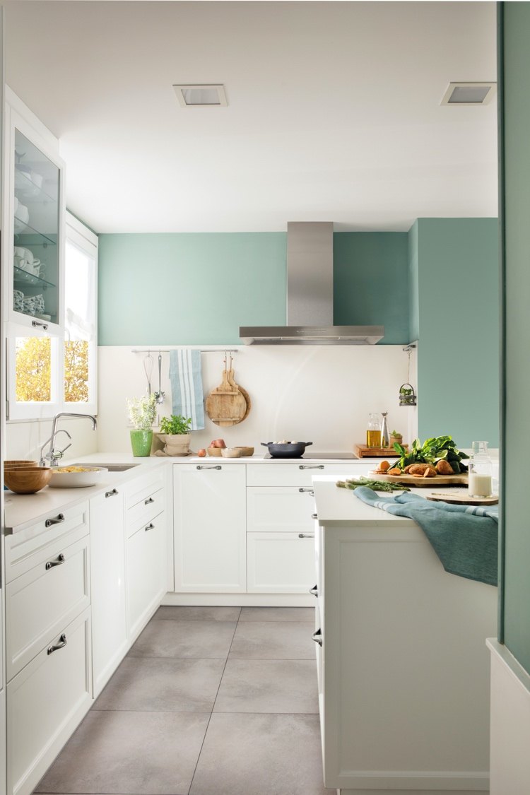 color mint as wall color for white kitchens and gray floor tiles