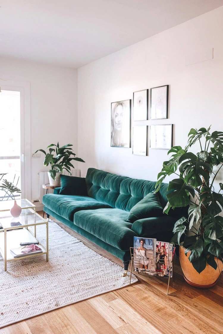 grünes Sofa Boho Wohnzimmer modern einrichten Tipps Wohntrends 2020