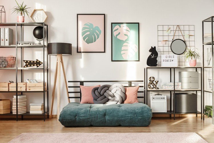 industrial home style living room modern set up decorate open shelf