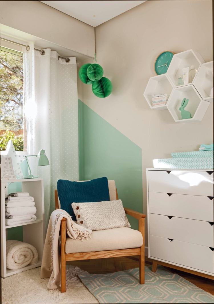 mint color baby room geometric accent on the wall