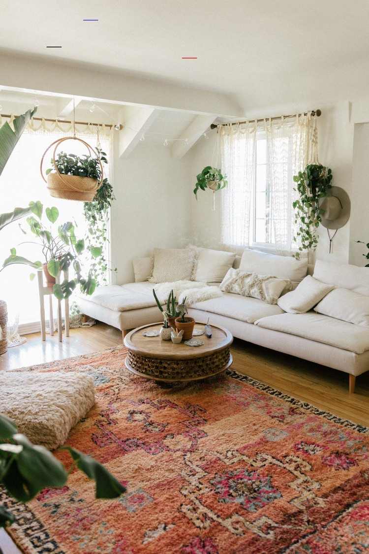 modernes Boho Wohnzimmer Ideen marokkanischer Teppich welche Pflanzen für das Wohnzimmer