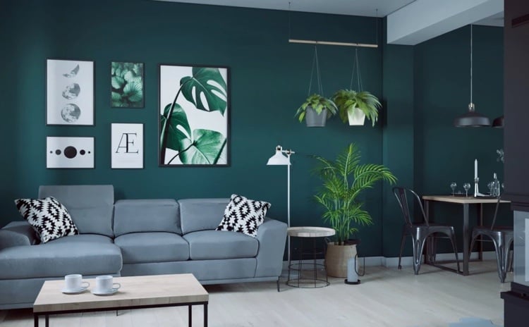 stil urban junge im wohnzimmer dunkelgrüne wand, graues sofa und schwarze elemente