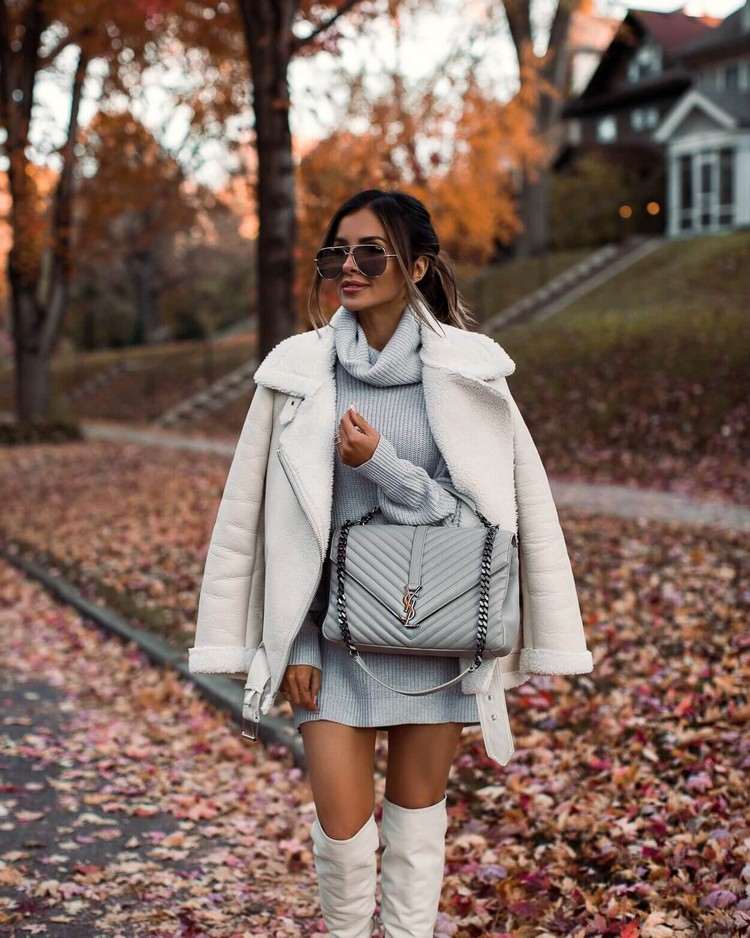 weiße Overknee Stiefel kombinieren Strickkleid Herbst Outfit Ideen