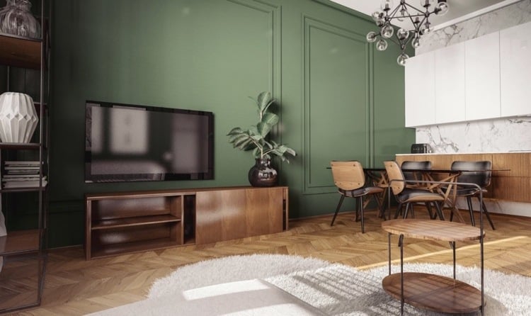 living room in mid century style - olive green combined with dark wood