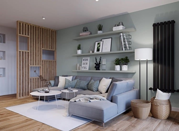 wohnzimmer mintgrün mit grauem couch und hellem holz kombiniert