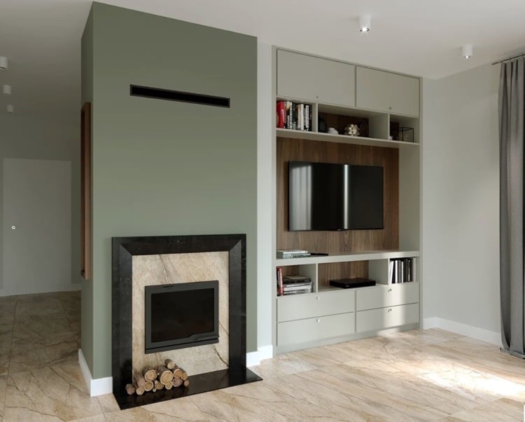 living room olive green as a wall color for the fireplace wall