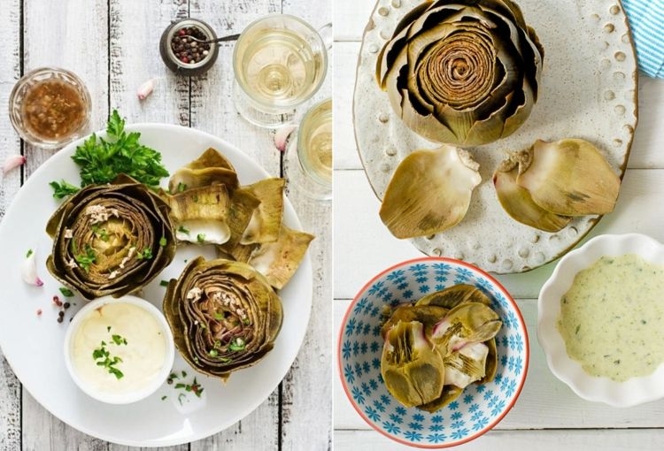Eat artichoke leaves and artichoke hearts with an aromatic sauce