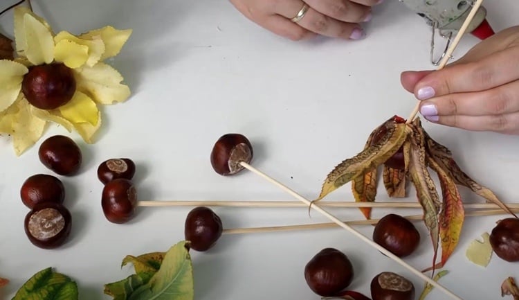 Glue the leaves to the chestnuts with hot glue or double-sided tape