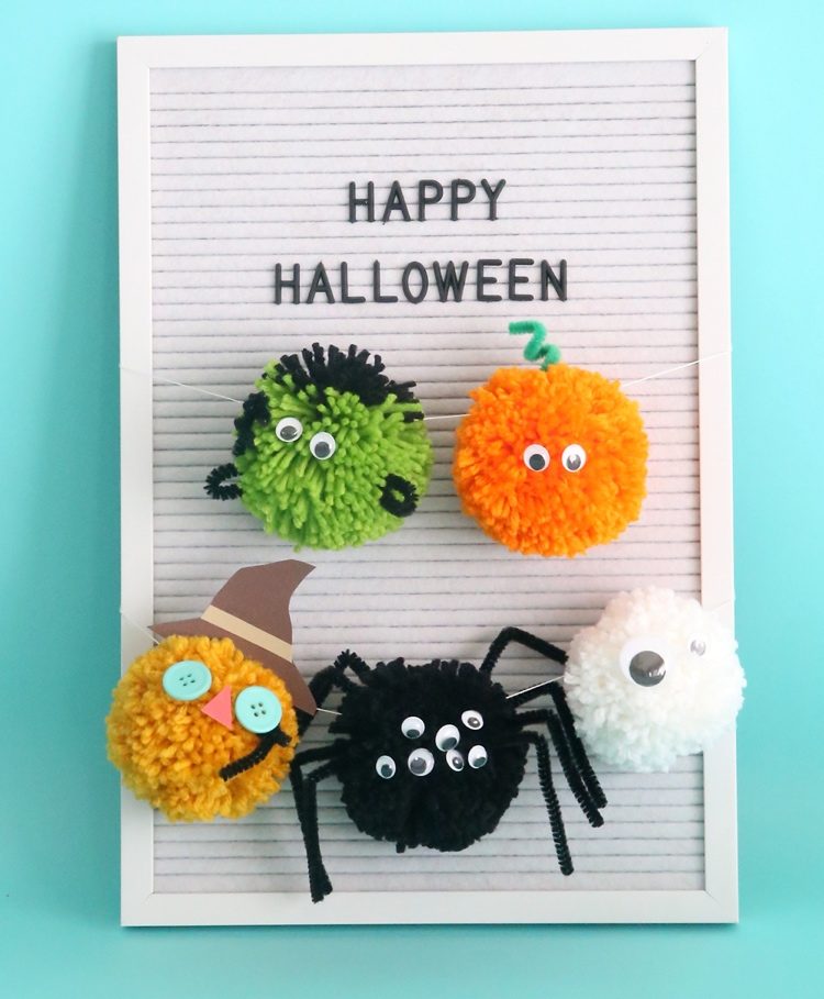 Halloween Deko Idee mit Pompons Basteln mit Kindern