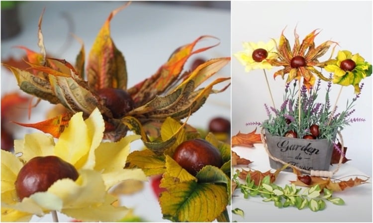 Herbst-Gesteck aus selbstgemachten Blumen aus Kastanien und Blättern