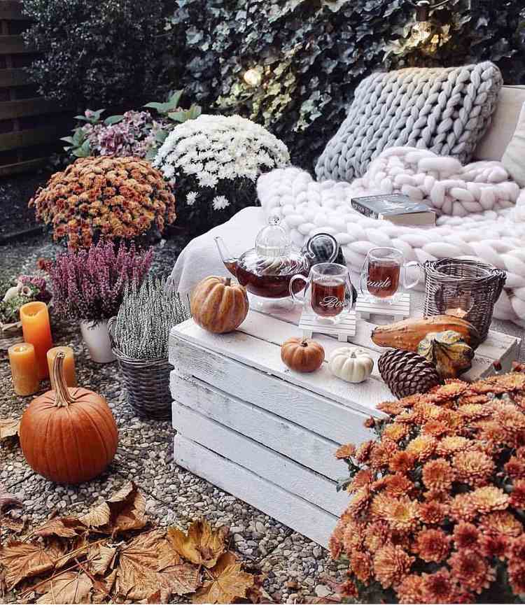 Herbst-Terrasse mit Kürbissen Heidekraut und weichen Kuscheldecken dekoriert