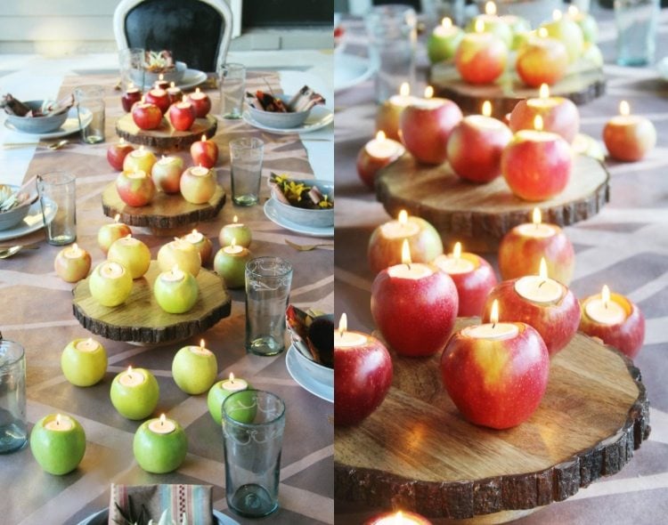 Herbstdeko für Tosch mit Apfeln und Baumstamm-Platten