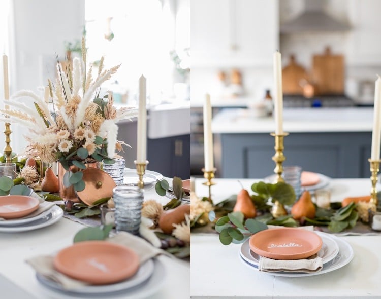Autumn decoration with pears and dry flowers and kufper accents