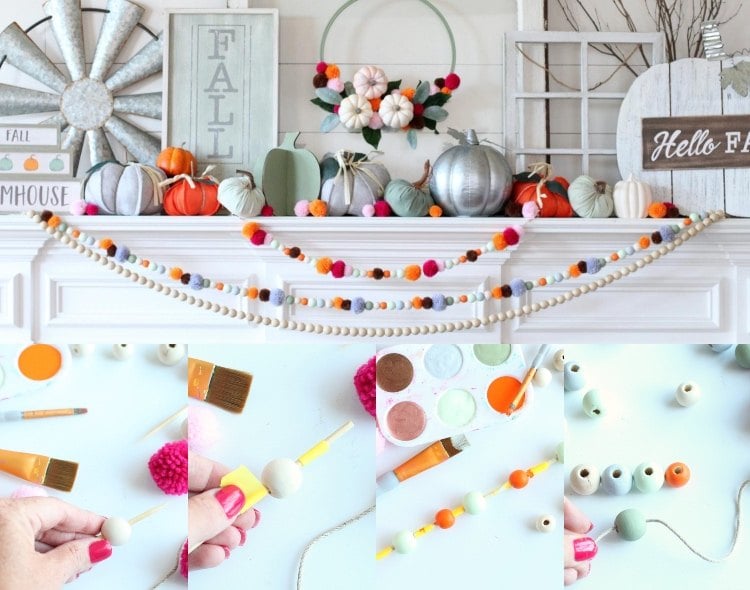 Make autumn garland out of wooden balls and pom poms