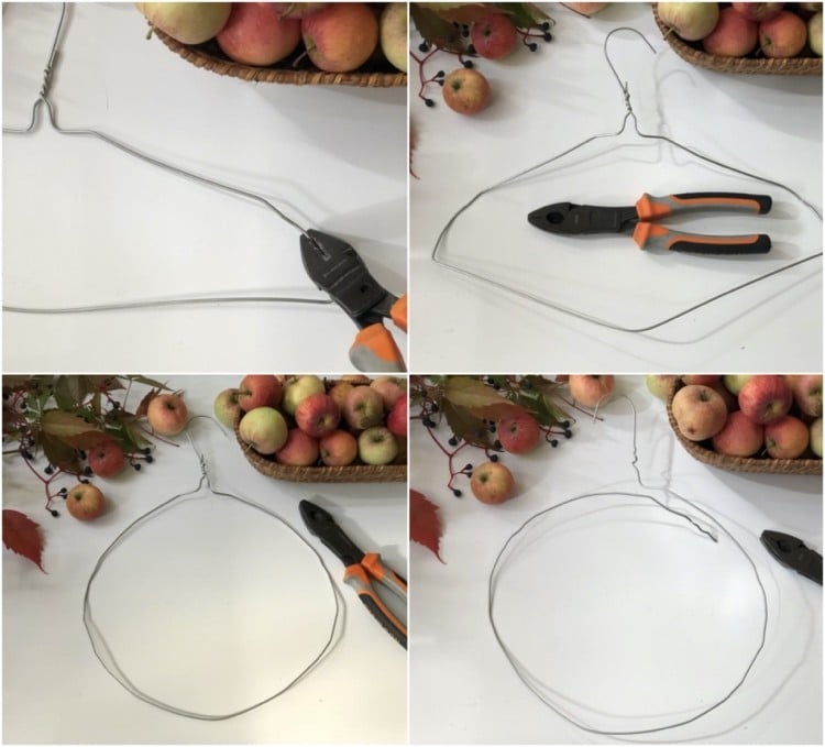 Make your own autumn wreath from wire hangers and apples
