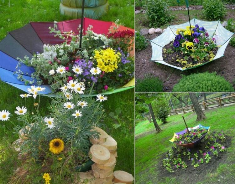 Broken umbrella as a garden decoration - design an effective flower bed