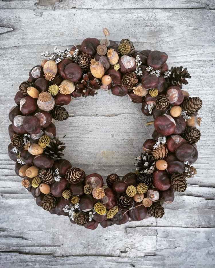Make a wreath out of natural materials like chestnuts, acorns and cones