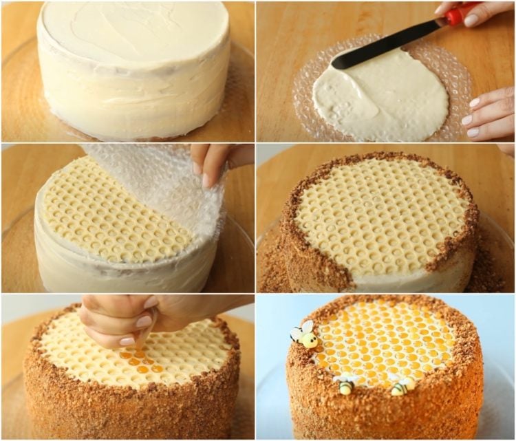 Medovik Torte dekorieren - Wabenmuster aus Blisterfolie und Honig
